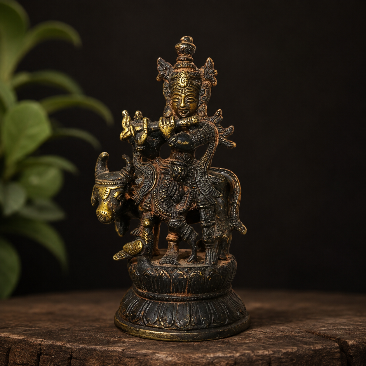 Brassaura® Lord Krishna with Cow Idol in Blessing Pose with Black Antique Finish | Pure Superfine Brass Handcrafted Murti | Brass Statue for Home Temple, Pooja Room | Height 11 Cm | Weight 300 Grams