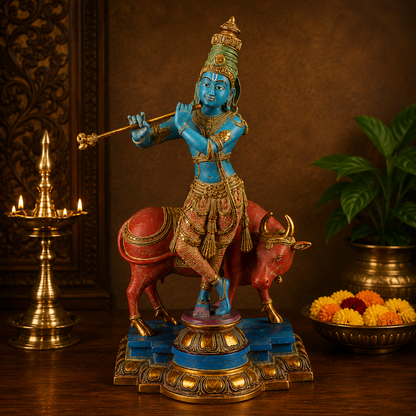 Brassaura® Lord Krishna Playing Flute with Cow Idol with Multi-Color Finish | Pure Superfine Brass Handcrafted Murti | Brass Statue for Home Temple, Pooja Room | Height 26 Inches | Weight 27.2 Kgs