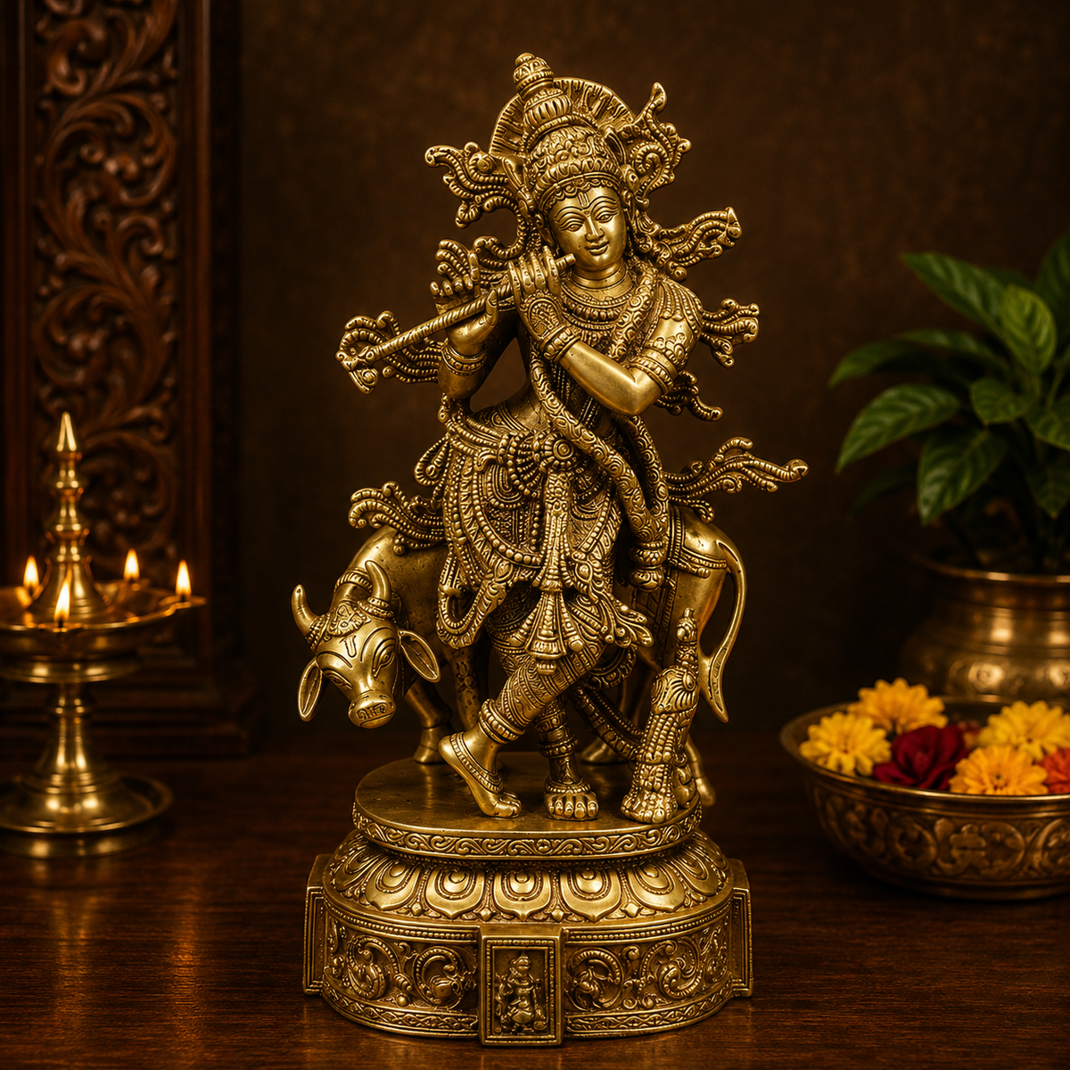 Brassaura® Lord Krishna Playing Flute with Sacred Cow Idol | Pure Superfine Brass Handcrafted Murti | Brass Statue for Home Temple, Pooja Room & Living Room | Height 13 Inches | Weight 4.7 Kgs