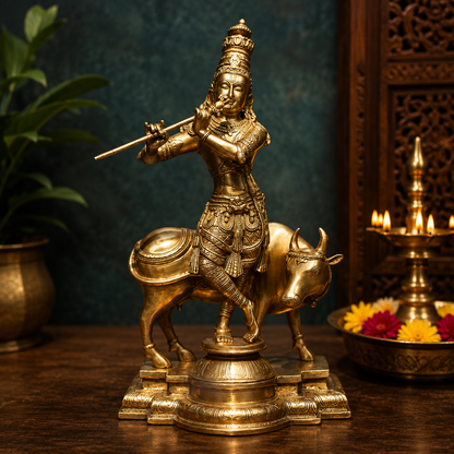 Brassaura® Lord Krishna Playing Flute with Sacred Cow Idol | Pure Superfine Brass Handcrafted Murti | Brass Statue for Home Temple, Pooja Room & Living Room | Height 25.5 Inches | Weight 26 Kgs
