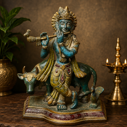 पीतल गाय कृष्ण मूर्ति, वज़न 3.5 किलो, ऊँचाई 8 इंच