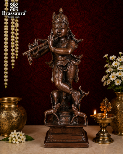 Brassaura® Copper Finish Lord Krishna Playing Flute with Sacred Cow Calf Murti | Handcrafted Idol for Home Temple, Pooja & Spiritual Décor | Height 1.8 Inches | Weight 0.224 Kg