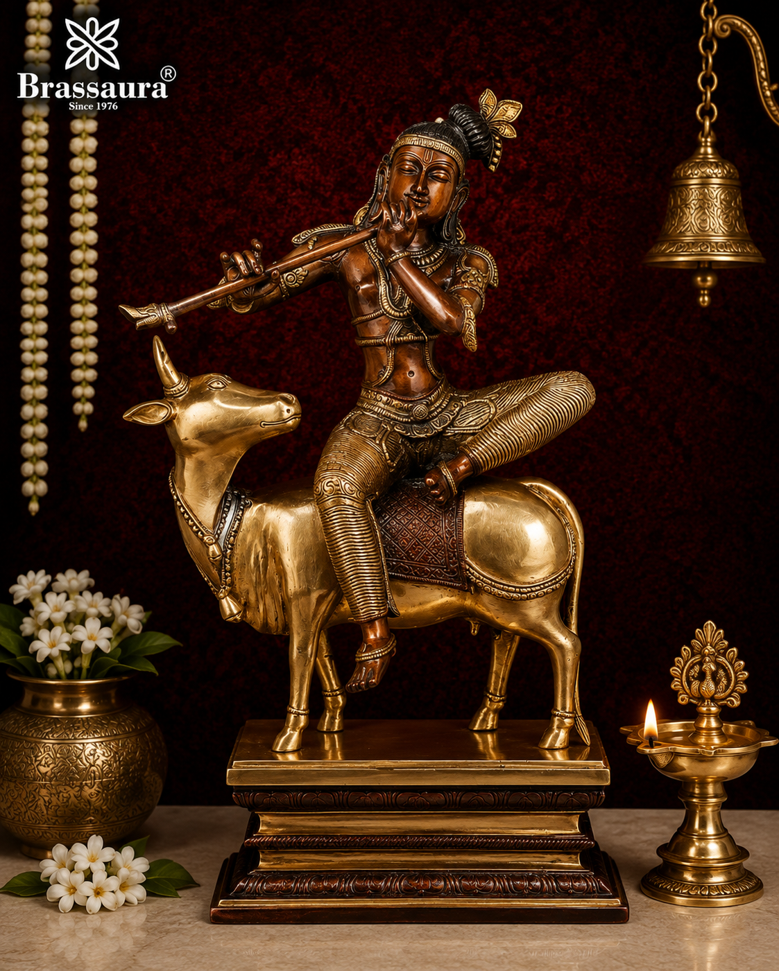 Brassaura® Brass Lord Krishna Sitting on Sacred Cow Playing Flute Idol | Handcrafted Brass Murti for Home Temple, Pooja & Spiritual Décor | Height 21 Inches | Weight 15 Kg