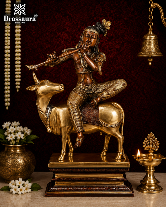 Brassaura® Brass Lord Krishna Sitting on Sacred Cow Playing Flute Idol | Handcrafted Brass Murti for Home Temple, Pooja & Spiritual Décor | Height 21 Inches | Weight 15 Kg