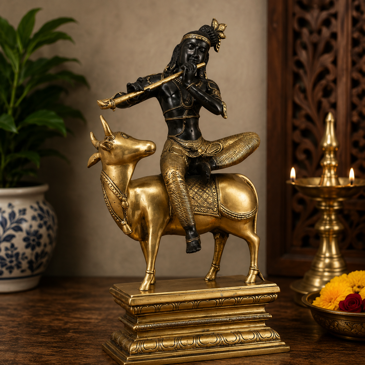 Brassaura® Brass Lord Krishna Sitting on Sacred Cow Playing Flute Idol | Dual-Tone Antique Brass Murti for Home Temple, Pooja & Spiritual Décor | Height 21 Inches | Weight 15 Kg