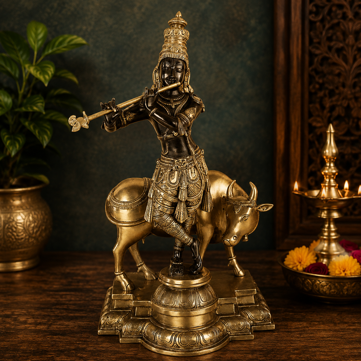 Brassaura® Brass Lord Krishna Playing Flute with Sacred Cow Idol | Dual-Tone Black & Gold Handcrafted Brass Murti for Home Temple, Pooja & Spiritual Décor | Height 26.5 Inches | Weight 26.7 Kg