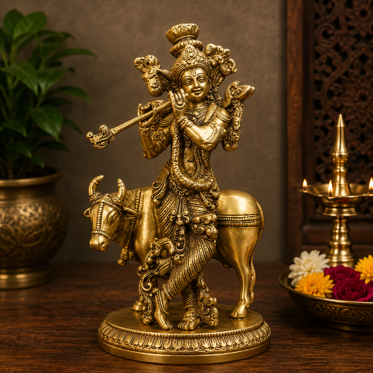 Brassaura® Brass Lord Krishna Playing Flute with Sacred Cow Idol | Vintage Finish Handcrafted Brass Murti for Home Temple, Pooja & Spiritual Décor | Height 10 Inches | Weight 3 Kg