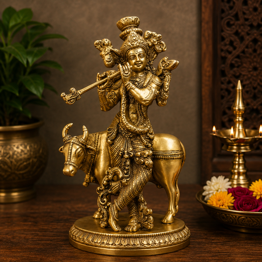 Brassaura® Brass Lord Krishna Playing Flute with Sacred Cow Idol | Vintage Finish Handcrafted Brass Murti for Home Temple, Pooja & Spiritual Décor | Height 10 Inches | Weight 3 Kg