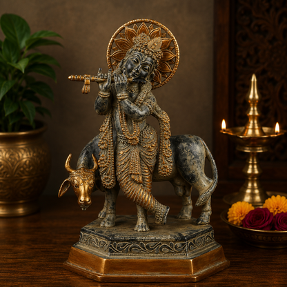 पीतल की गाय कृष्ण मूर्ति का वज़न 4.7 किलोग्राम और ऊँचाई 11.5 इंच