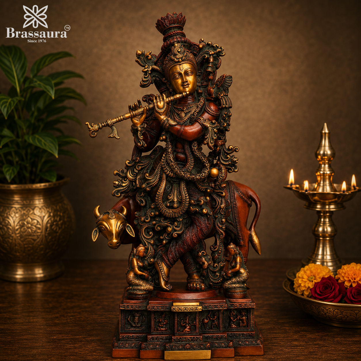 Brassaura® Chola-Inspired Vintage Finish Brass Lord Krishna Playing Flute with Sacred Cow Idol | Handcrafted Premium Brass Murti for Home Temple & Spiritual Décor | Height 28 Inches | Weight 35 Kg