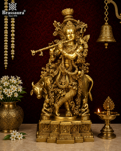 पीतल की गाय कृष्ण मूर्ति का वज़न 35 किलो और ऊँचाई 28 इंच