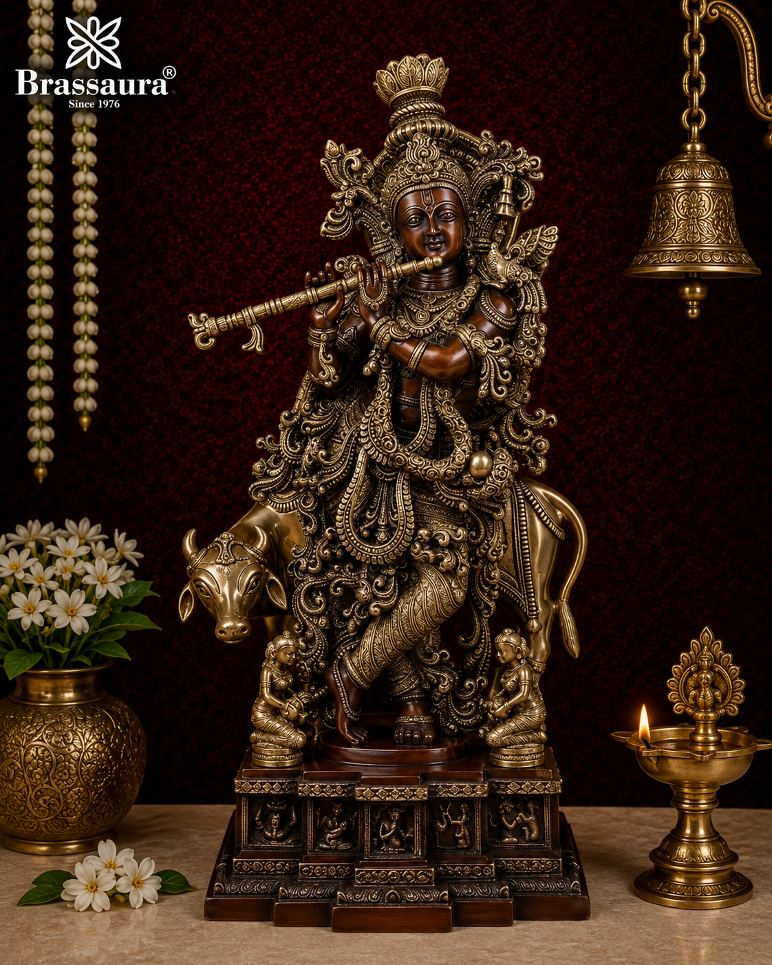 पीतल की प्राचीन गाय कृष्ण मूर्ति का वज़न 34.6 किलोग्राम और ऊँचाई 28 इंच