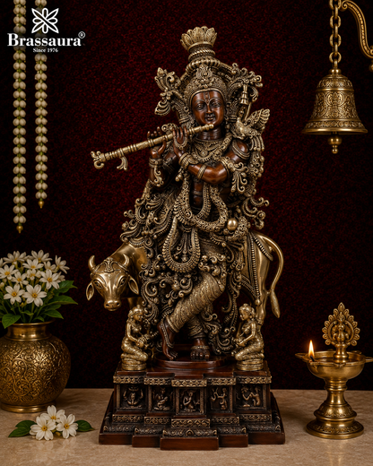 पीतल की प्राचीन गाय कृष्ण मूर्ति का वज़न 34.6 किलोग्राम और ऊँचाई 28 इंच