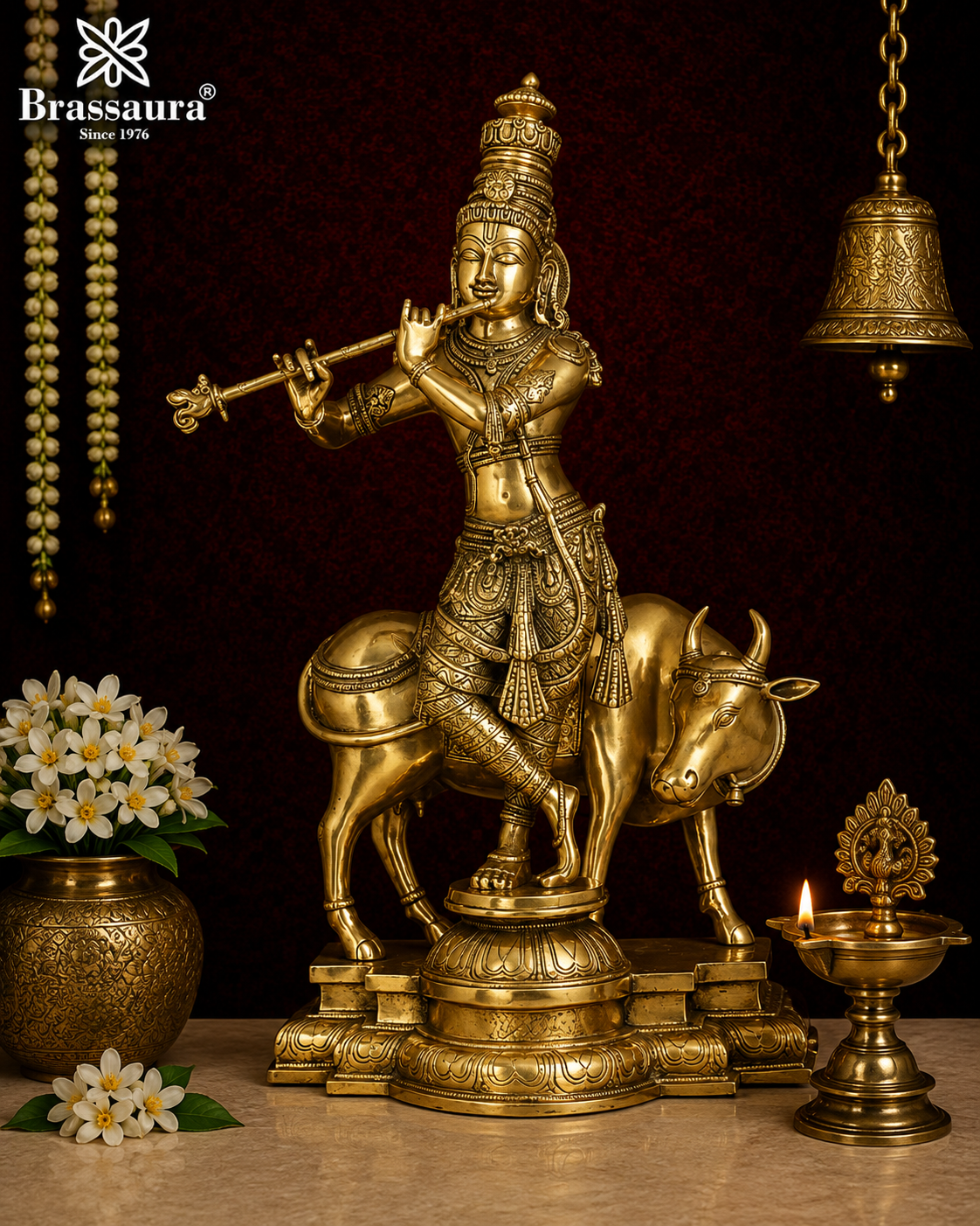 Brassaura® Brass Lord Krishna Playing Flute with Sacred Cow Idol | Premium Handcrafted Brass Murti for Home Temple & Spiritual Décor | Height 26.5 Inches | Weight 26.7 Kg