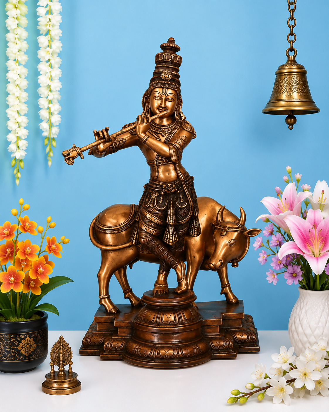 Brassaura® Antique Copper & Gold Brass Lord Krishna Playing Flute with Sacred Cow Idol | Premium Handcrafted Brass Murti for Home Temple & Spiritual Décor | Height 26.5 Inches | Weight 26.7 Kg