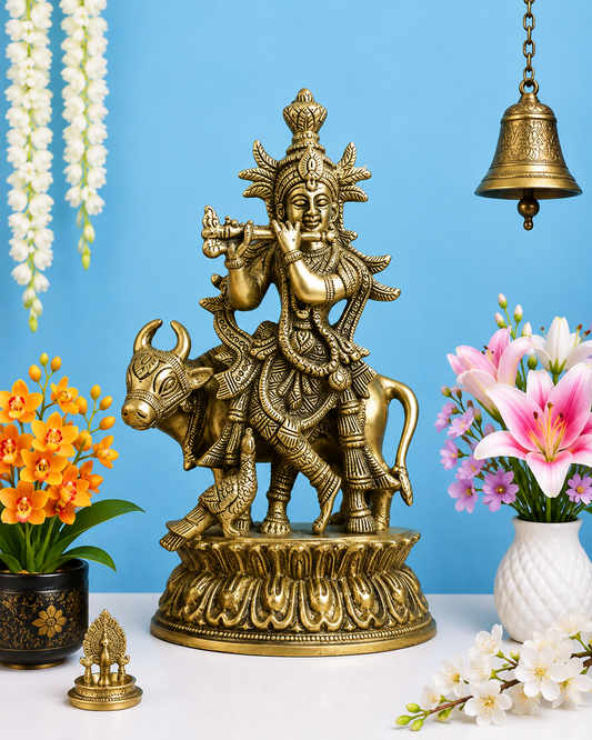 Brassaura® Premium Brass Lord Krishna Playing Flute with Sacred Cow Idol | Handcrafted Brass Krishna Murti for Home Temple, Mandir & Spiritual Décor | Height 7 Inches | Weight 1.25 Kg