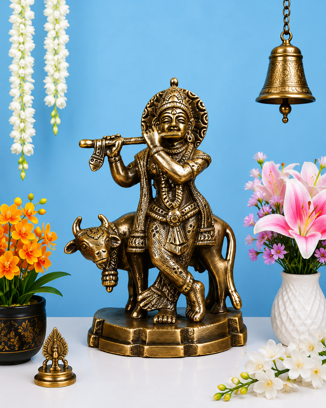 Brassaura® Premium Brass Lord Krishna Playing Flute with Sacred Cow Idol | Handcrafted Brass Krishna Murti for Home Temple, Mandir & Spiritual Décor | Height 5 Inches | Weight 0.64 Kg