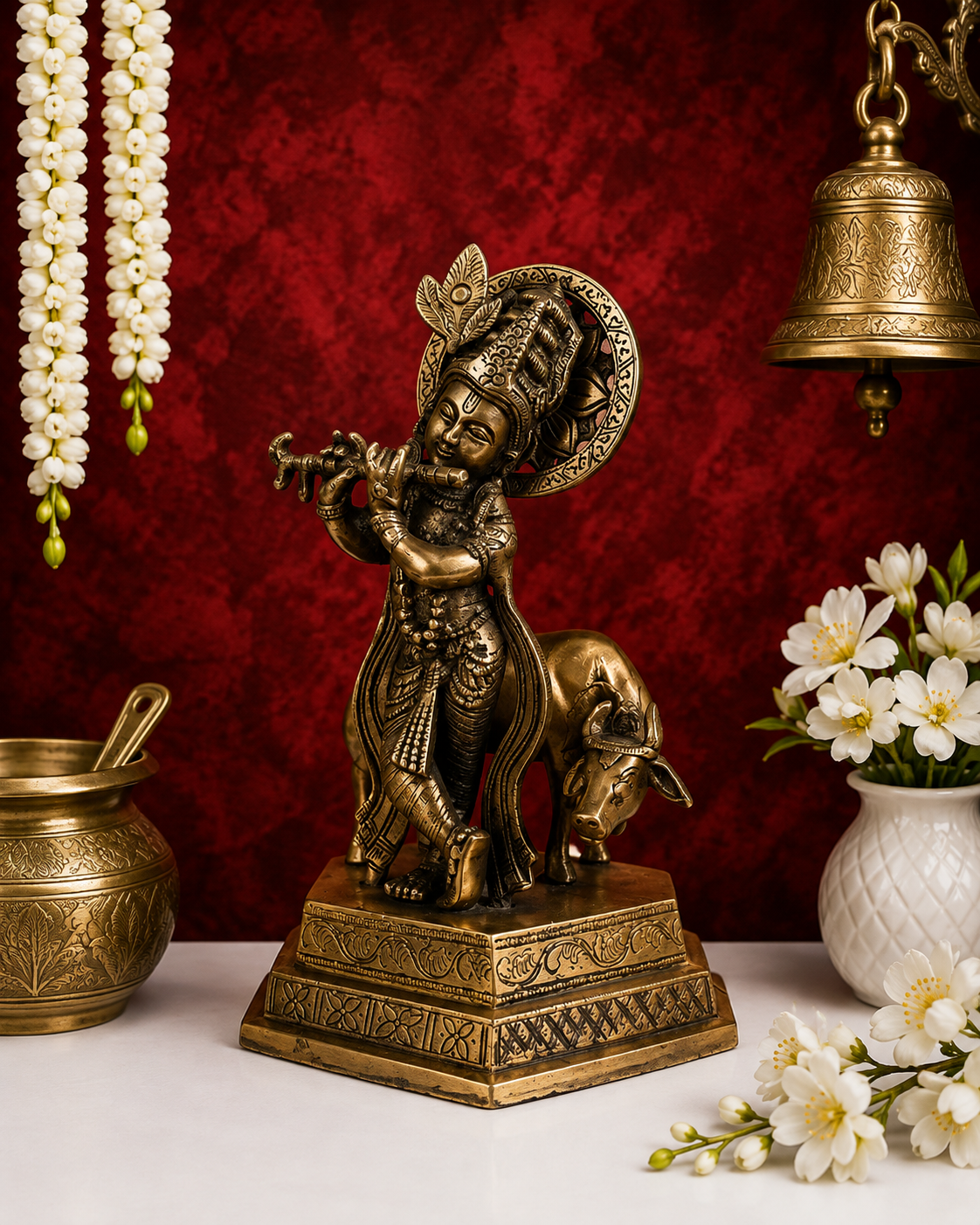 Brassaura® Premium Brass Lord Krishna Playing Flute with Sacred Cow Idol | Handcrafted Brass Krishna Murti for Home Temple, Mandir & Spiritual Décor | Height 10 Inches | Weight 2.47 Kg