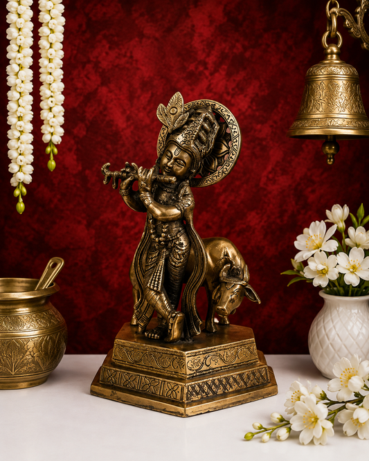 Brassaura® Premium Brass Lord Krishna Playing Flute with Sacred Cow Idol | Handcrafted Brass Krishna Murti for Home Temple, Mandir & Spiritual Décor | Height 10 Inches | Weight 2.47 Kg