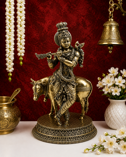 Brassaura® Premium Silver Finish Brass Lord Krishna Playing Flute with Sacred Cow Idol | Handcrafted Brass Krishna Murti for Home Temple, Mandir & Spiritual Décor | Height 6.8 Inches | Weight 500 g