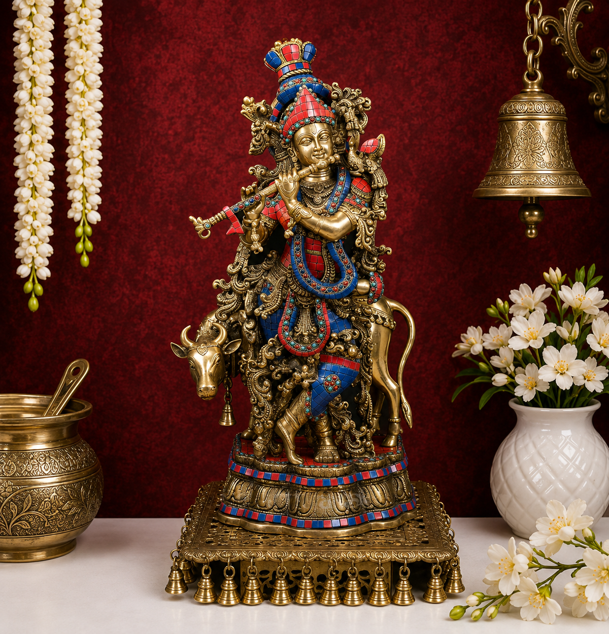 पीतल रत्न जड़ा हुआ गाय कृष्ण मूर्ति वज़न 24.3 किलो और ऊँचाई 26 इंच