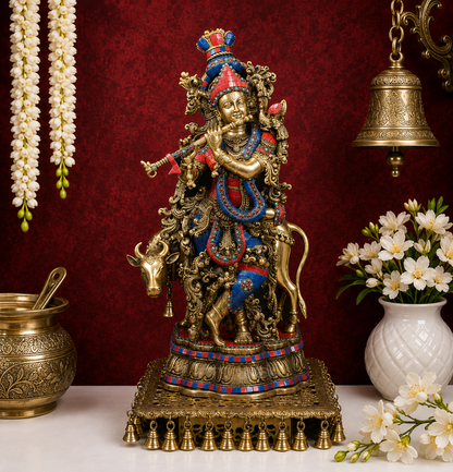 पीतल रत्न जड़ा हुआ गाय कृष्ण मूर्ति वज़न 24.3 किलो और ऊँचाई 26 इंच