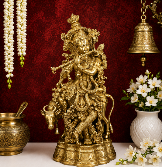 Brassaura® Premium Brass Lord Krishna Playing Flute with Sacred Cow Idol | Handcrafted Golden Brass Krishna Murti for Home Temple, Mandir & Luxury Spiritual Décor | Height 26 Inches | Weight 23 Kg