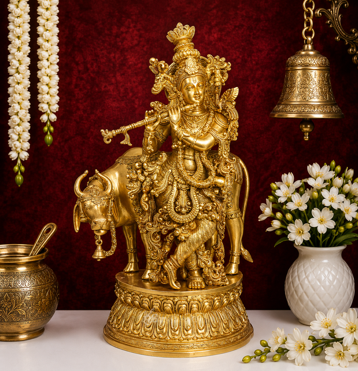 पीतल की गाय कृष्ण मूर्ति का वजन 32 किलो और ऊंचाई 28 इंच है