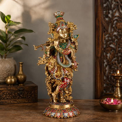 Brassaura® Lord Krishna Playing Flute Idol with Multi-Color Stone Work Finish | Pure Superfine Brass Handcrafted Murti | Brass Statue for Home Temple, Pooja Room, Spiritual Décor & Luxury Gifting | Height 26 Inches | Weight 16.5 Kg