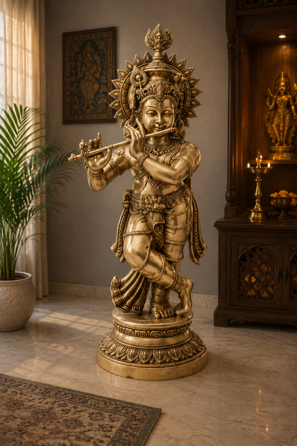Brassaura® Lord Krishna Playing Flute Idol with Antique Finish | Pure Superfine Brass Handcrafted Murti | Brass Statue for Home Temple, Pooja Room, Spiritual Décor & Luxury Gifting | Height 46 Inches | Weight 44 Kg
