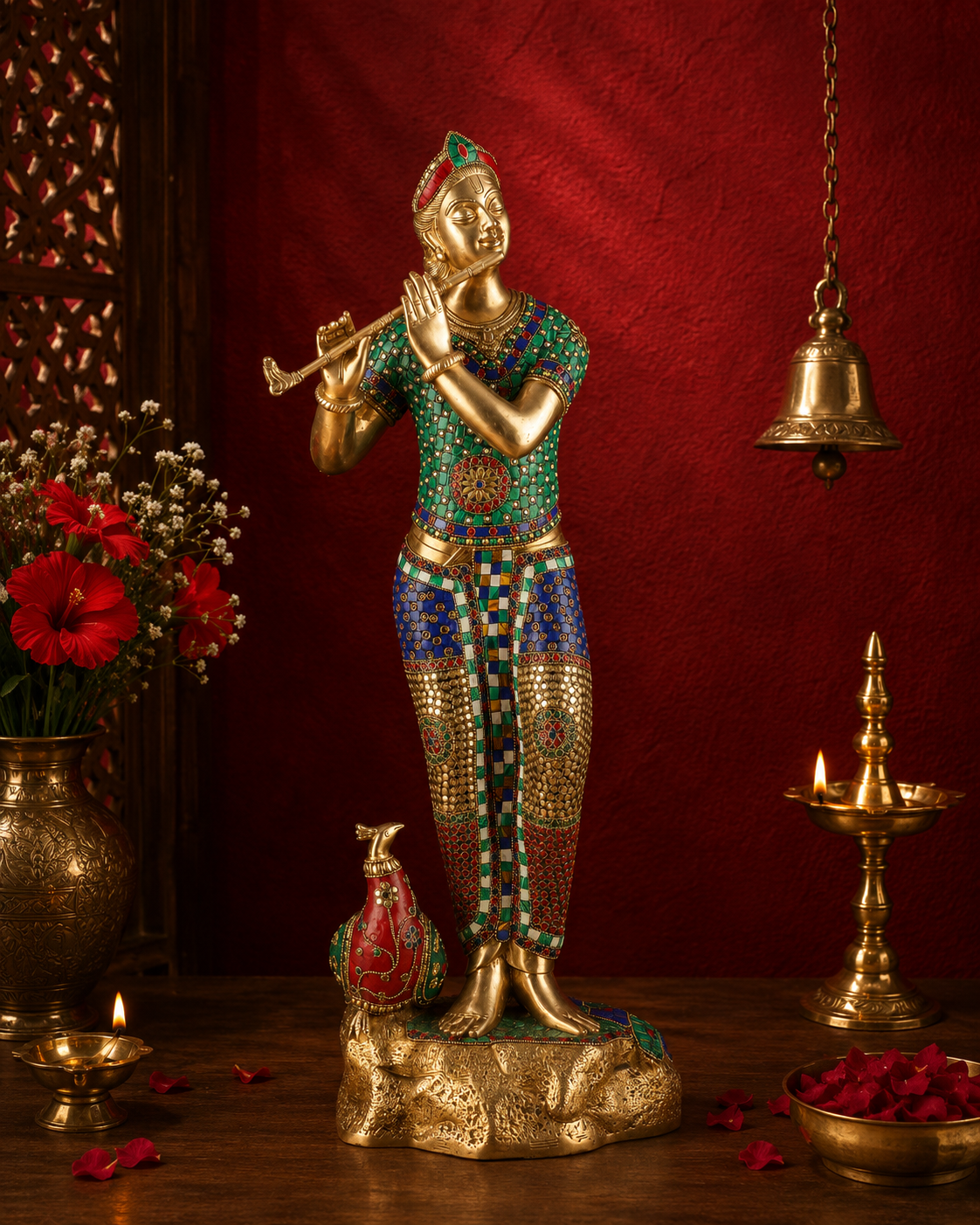 Brassaura® Lord Krishna Playing Flute Idol with Multi-Color Stone Work Finish | Pure Superfine Brass Handcrafted Murti | Brass Statue for Home Temple, Pooja Room, Spiritual Décor & Luxury Gifting | Height 29.5 Inches | Weight 16 Kg
