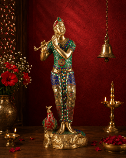 Brassaura® Lord Krishna Playing Flute Idol with Multi-Color Stone Work Finish | Pure Superfine Brass Handcrafted Murti | Brass Statue for Home Temple, Pooja Room, Spiritual Décor & Luxury Gifting | Height 29.5 Inches | Weight 16 Kg