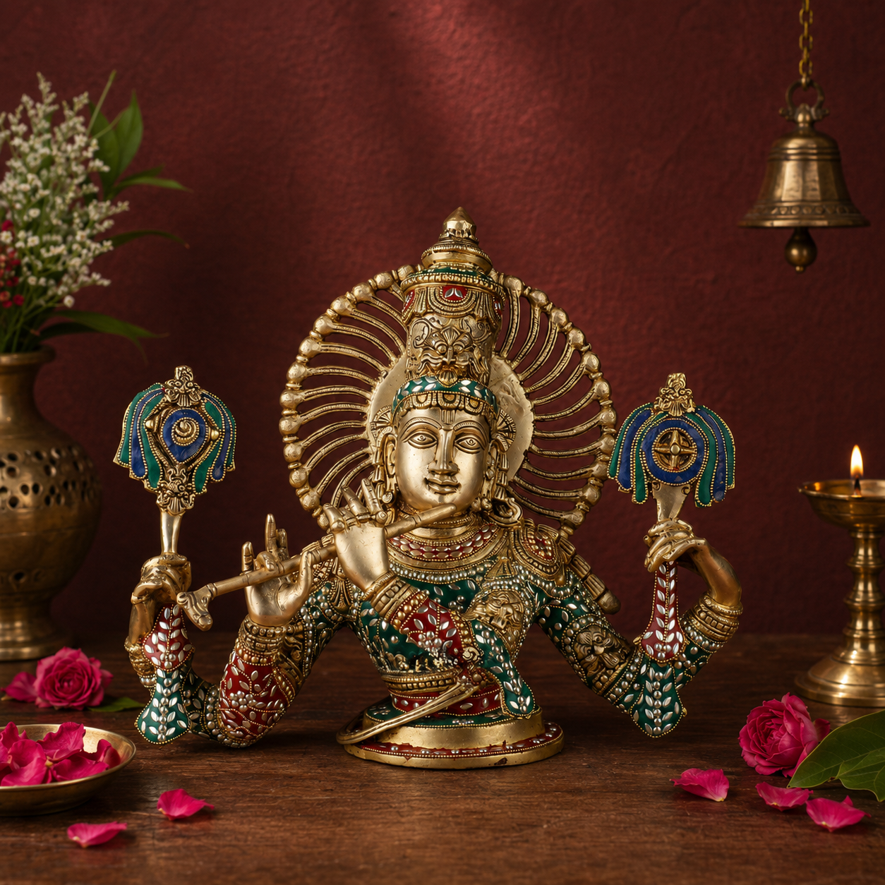 Brassaura® Lord Krishna Playing Flute Bust with Gem Stone Work | Pure Superfine Brass Handcrafted Murti | Premium Brass Statue for Home Temple, Spiritual Décor & Luxury Gifting | Weight 12.7 Kg