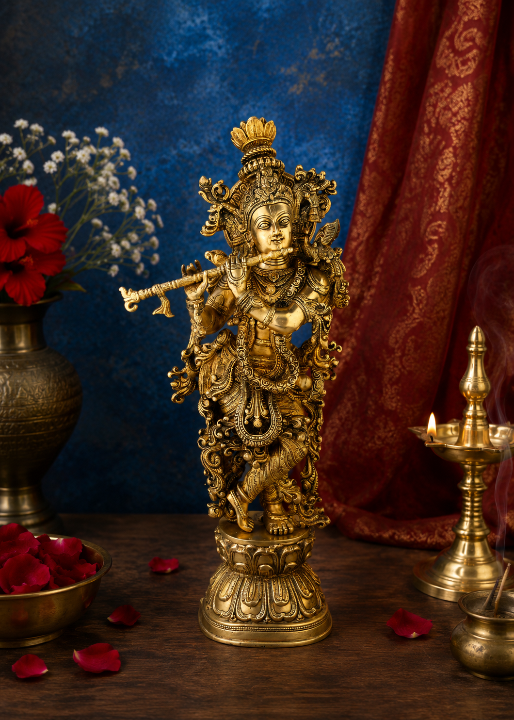 Brassaura® Lord Krishna Playing Flute Idol with Royal Golden Finish | Pure Superfine Brass Handcrafted Murti | Brass Statue for Home Temple, Pooja Room, Spiritual Décor & Luxury Gifting | Height 24 Inches | Weight 12 Kg