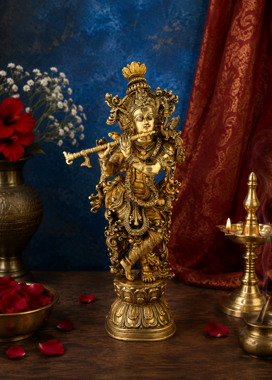 Brassaura® Lord Krishna Playing Flute Idol with Royal Golden Finish | Pure Superfine Brass Handcrafted Murti | Brass Statue for Home Temple, Pooja Room, Spiritual Décor & Luxury Gifting | Height 24 Inches | Weight 12 Kg