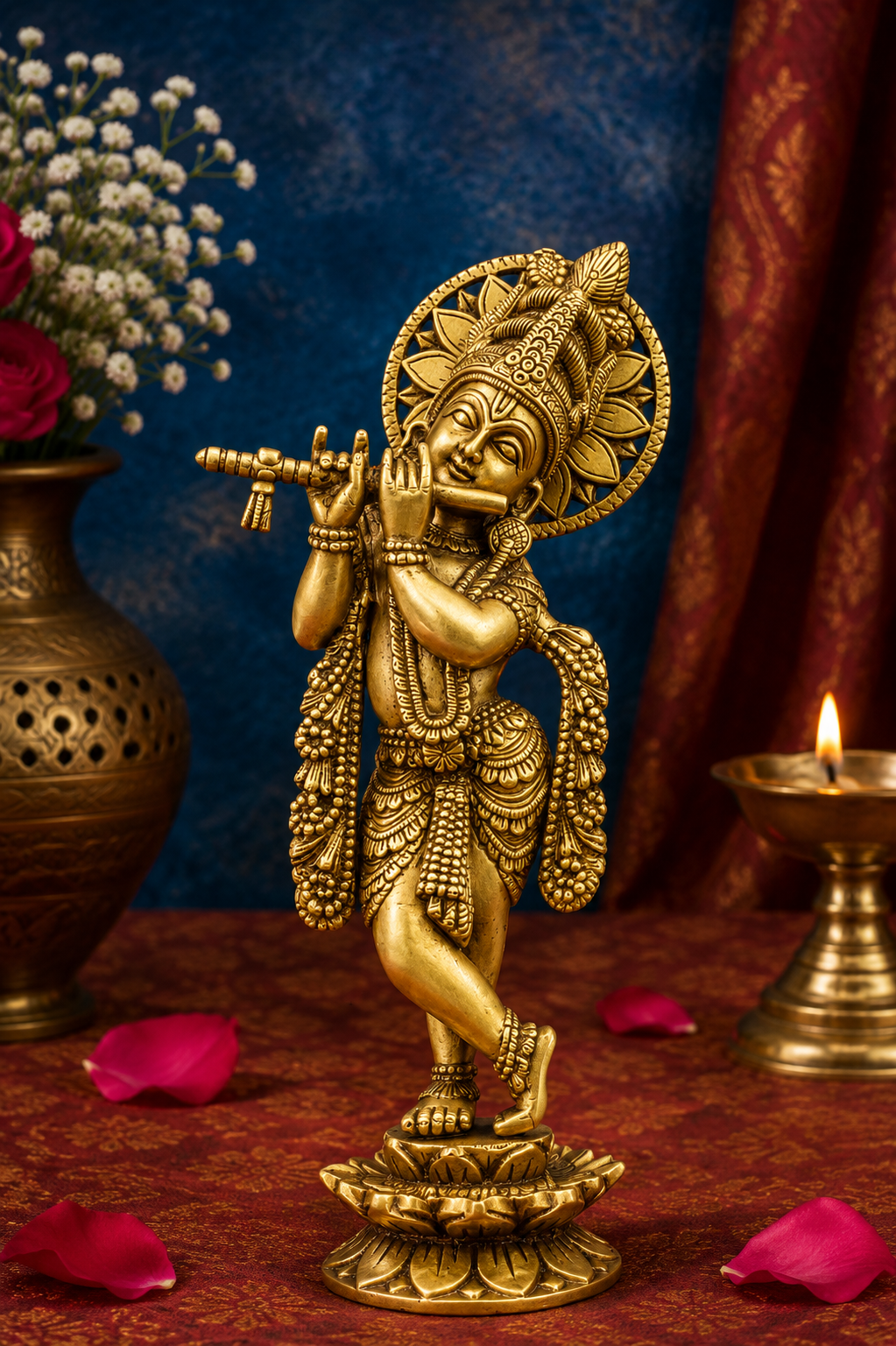 Brassaura® Lord Krishna Playing Flute Idol with Royal Golden Finish | Pure Superfine Brass Handcrafted Murti | Brass Statue for Home Temple, Pooja Room, Spiritual Décor & Luxury Gifting | Height 12 Inches | Weight 2.2 Kg