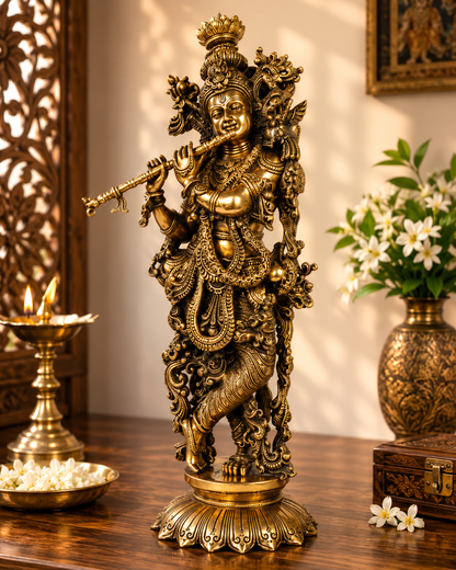 Brassaura® Lord Krishna Playing Flute Idol with Antique Golden Finish | Pure Superfine Brass Handcrafted Murti | Brass Statue for Home Temple, Pooja Room, Spiritual Décor & Luxury Gifting | Height 25 Inches | Weight 15.5 Kg