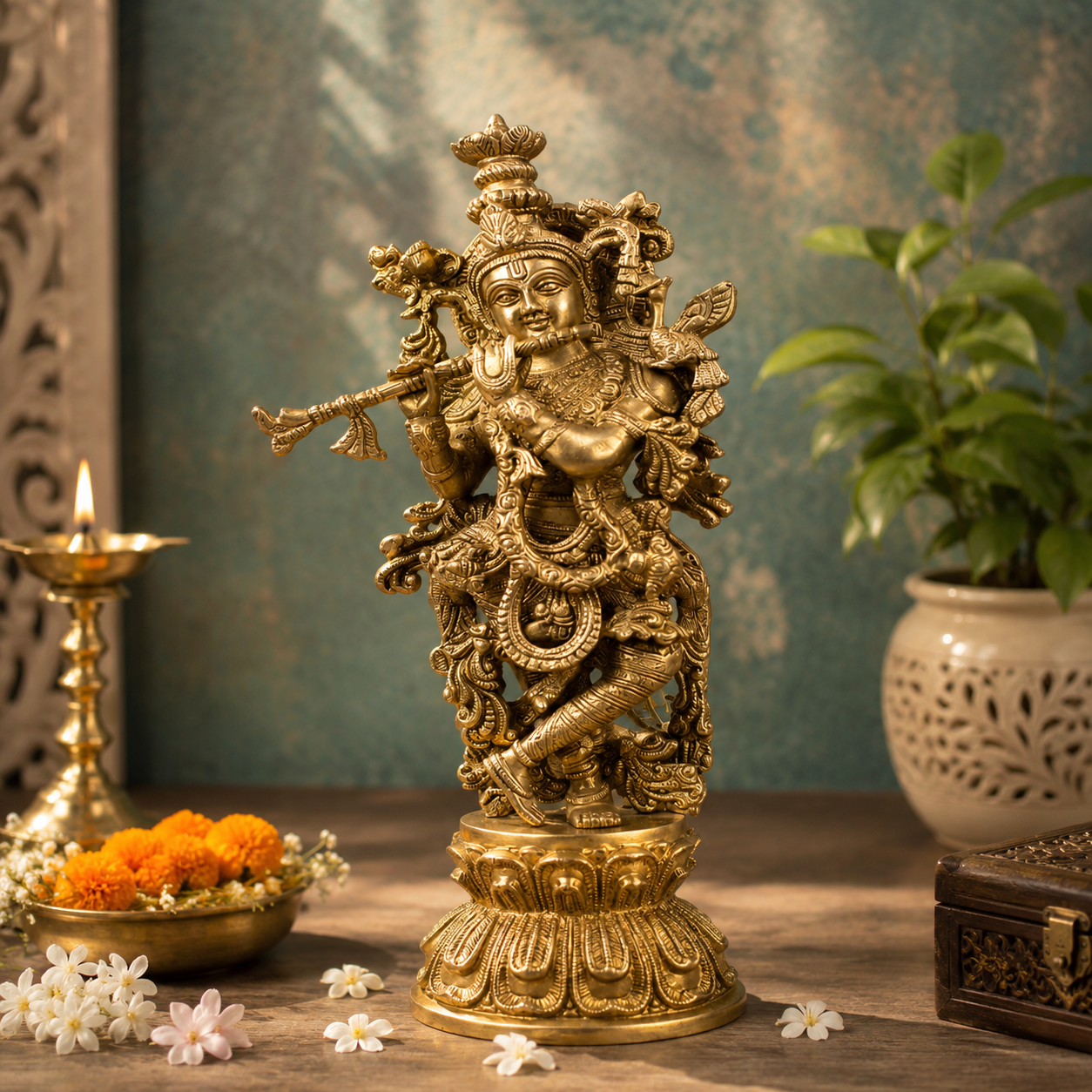 Brassaura® Lord Krishna Playing Flute Idol with Antique Golden Finish | Pure Superfine Brass Handcrafted Murti | Brass Statue for Home Temple, Pooja Room, Spiritual Décor & Luxury Gifting | Height 18 Inches | Weight 6.5 Kg