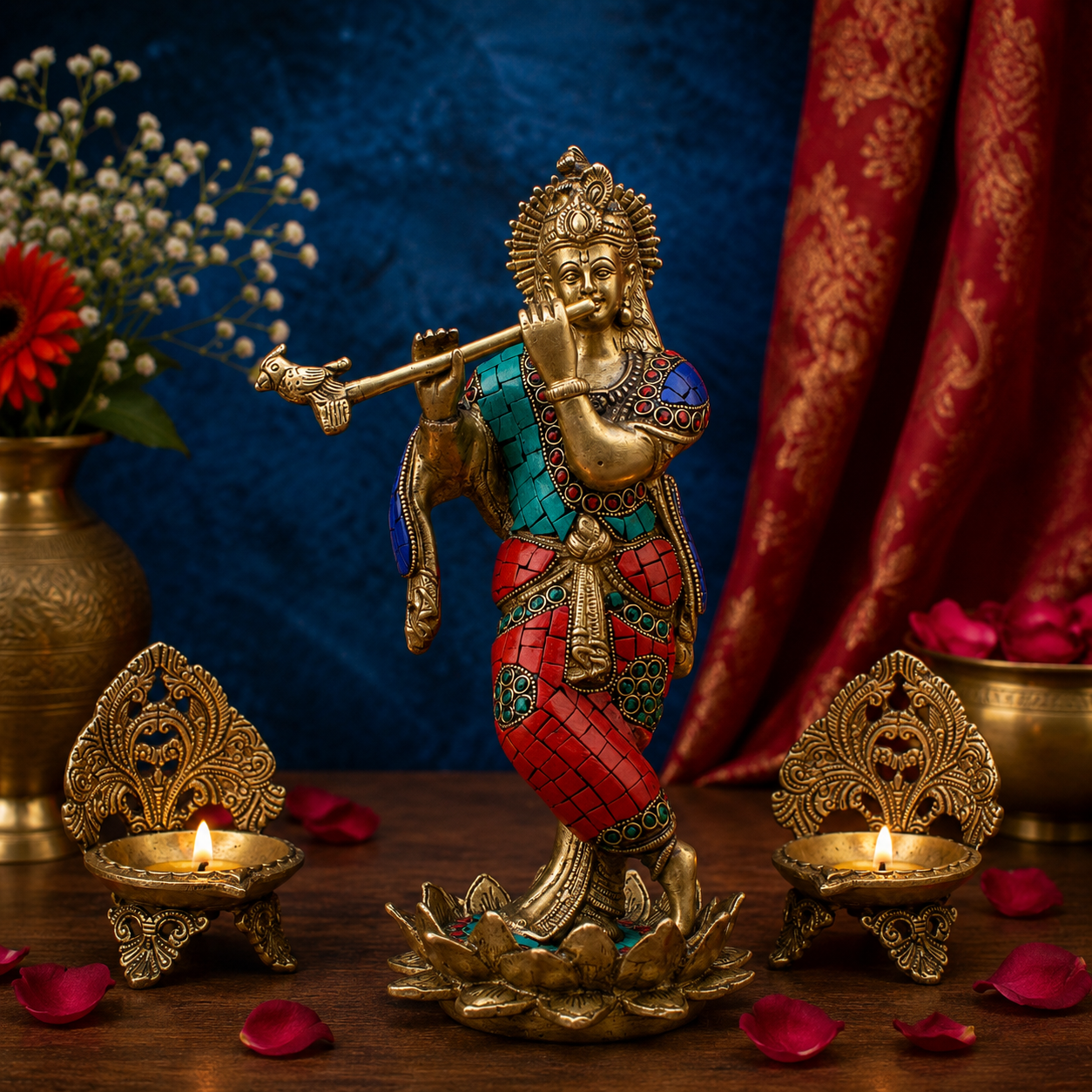 Brassaura® Lord Krishna Playing Flute Idol with Multi-Color Stone Work Finish | Pure Superfine Brass Handcrafted Murti | Brass Statue for Home Temple, Pooja Room, Spiritual Décor & Luxury Gifting | Height 11 Inches | Weight 2.8 Kg