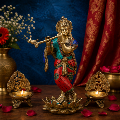Brassaura® Lord Krishna Playing Flute Idol with Multi-Color Stone Work Finish | Pure Superfine Brass Handcrafted Murti | Brass Statue for Home Temple, Pooja Room, Spiritual Décor & Luxury Gifting | Height 11 Inches | Weight 2.8 Kg