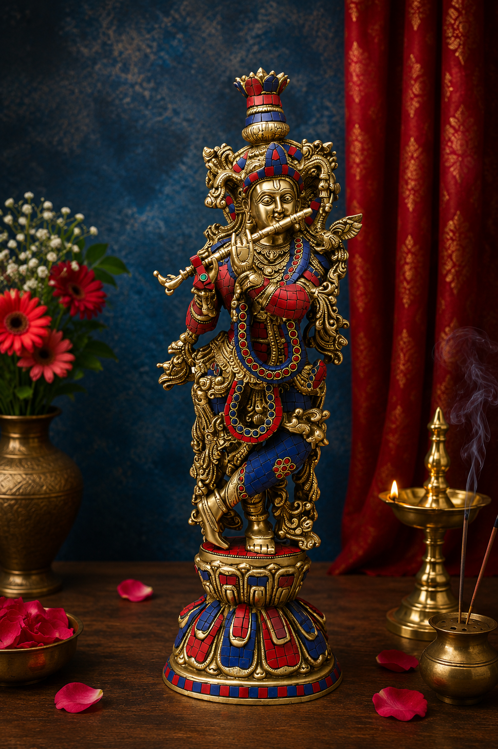 Brassaura® Lord Krishna Playing Flute Idol with Multi-Color Stone Work Finish | Pure Superfine Brass Handcrafted Murti | Brass Statue for Home Temple, Pooja Room, Spiritual Décor & Luxury Gifting | Height 24 Inches | Weight 12 Kg