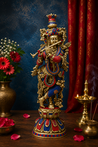 Brassaura® Lord Krishna Playing Flute Idol with Multi-Color Stone Work Finish | Pure Superfine Brass Handcrafted Murti | Brass Statue for Home Temple, Pooja Room, Spiritual Décor & Luxury Gifting | Height 24 Inches | Weight 12 Kg