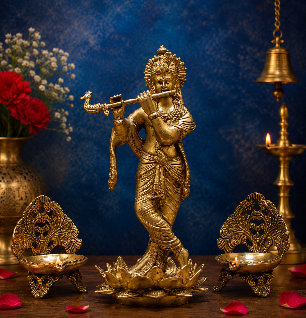 Brassaura® Lord Krishna Playing Flute Idol with Antique Golden Finish | Pure Superfine Brass Handcrafted Murti | Brass Statue for Home Temple, Pooja Room, Spiritual Décor & Luxury Gifting | Height 11 Inches | Weight 2.8 Kg
