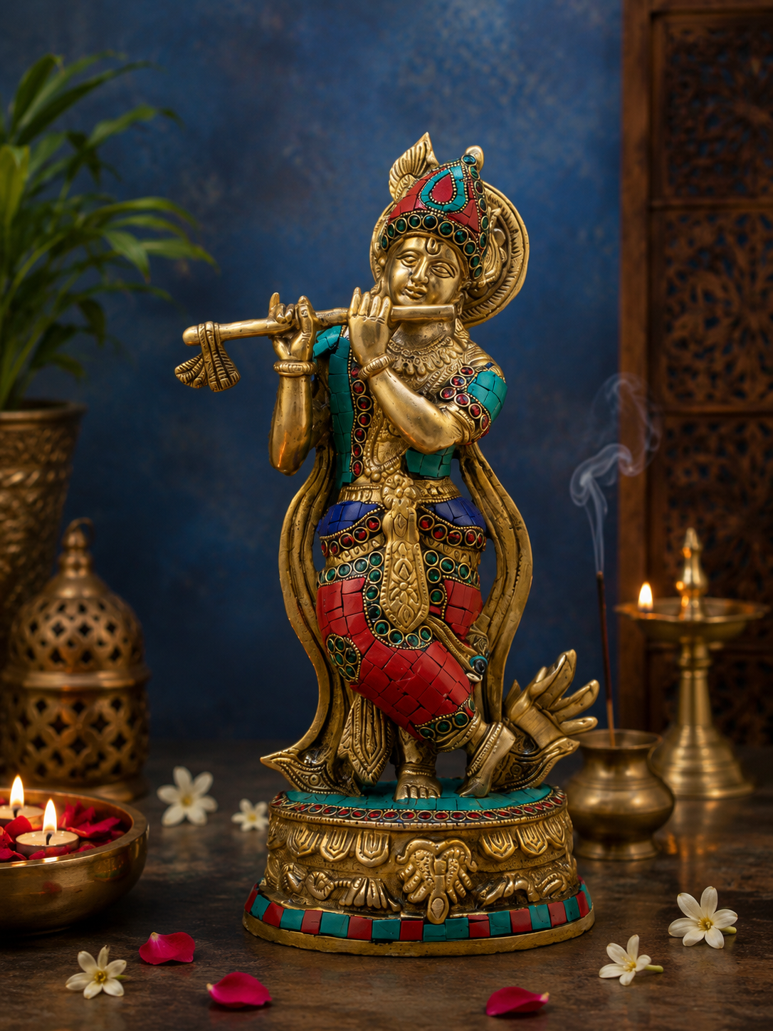 Brassaura® Lord Krishna Playing Flute Idol with Multi-Color Stone Work Finish | Pure Superfine Brass Handcrafted Murti | Brass Statue for Home Temple, Pooja Room, Spiritual Décor & Luxury Gifting | Height 12 Inches | Weight 2.8 Kg