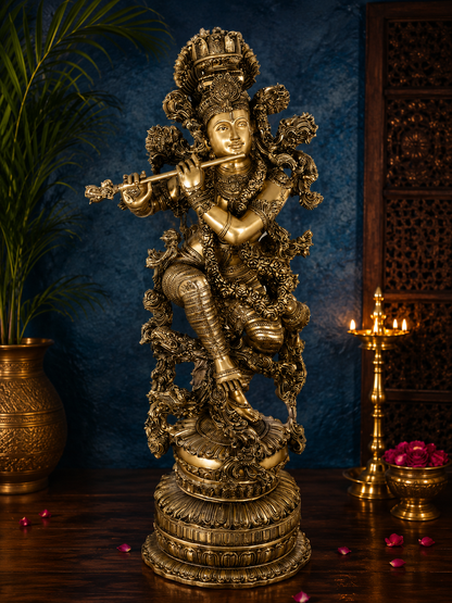 Brassaura® Lord Krishna Playing Flute Standing Idol with Antique Silver Finish | Pure Superfine Brass Handcrafted Murti | Brass Statue for Home Temple, Pooja Room, Spiritual Décor & Luxury Gifting | Height 43 Inches | Weight 75 Kg