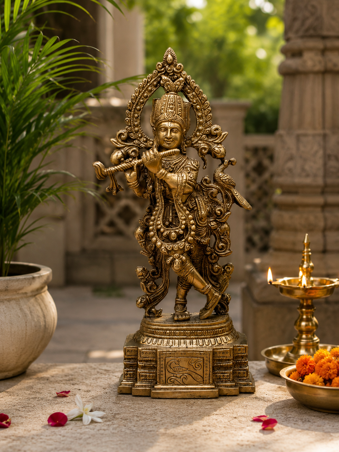 Brassaura® Lord Krishna Playing Flute Standing Idol | Pure Superfine Brass Handcrafted Murti | Brass Statue for Home Temple, Pooja Room, Spiritual Décor & Luxury Gifting | Height 14 Inches | Weight 3 Kg