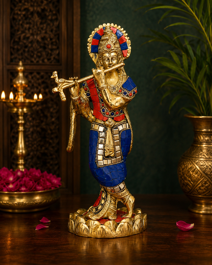 Brassaura® Lord Krishna Playing Flute Idol with Gem Stone Work | Pure Superfine Brass Handcrafted Murti | Brass Statue for Home Temple, Pooja Room, Spiritual Décor & Luxury Gifting | Height 10.5 Inches | Weight 2.1 Kg