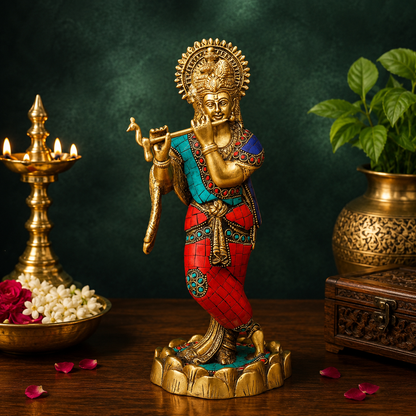 Brassaura® Lord Krishna Playing Flute Idol with Multi-Color Stone Work Finish | Pure Superfine Brass Handcrafted Murti | Brass Statue for Home Temple, Pooja Room, Spiritual Décor & Luxury Gifting | Height 10 Inches | Weight 2 Kg