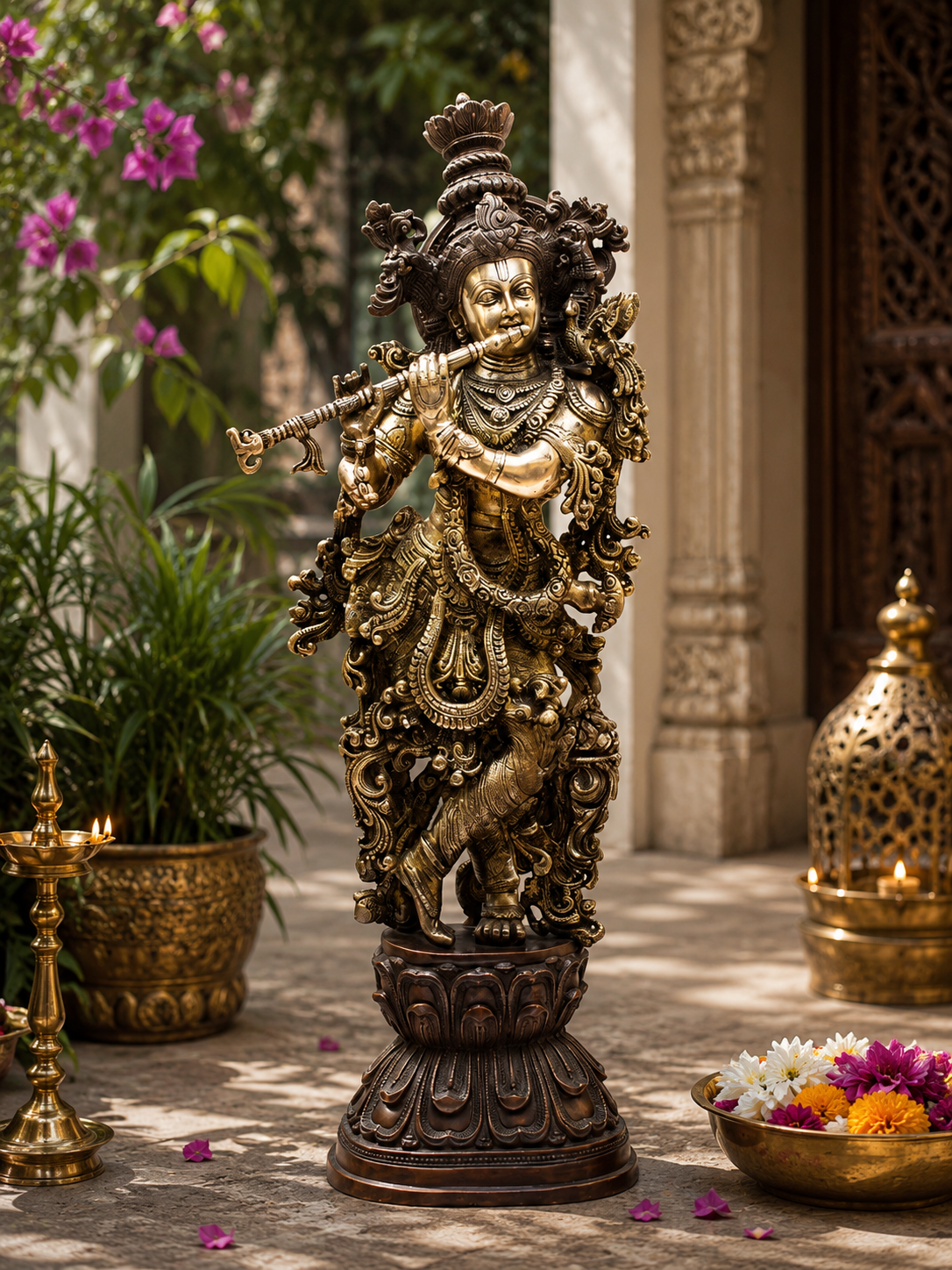 Brassaura® Classic Lord Krishna Playing Flute Idol | Pure Superfine Brass Handcrafted Murti | Antique Brass Statue for Home Temple, Pooja Room, Spiritual Décor & Luxury Gifting | Height 29 Inches | Weight 16 Kg