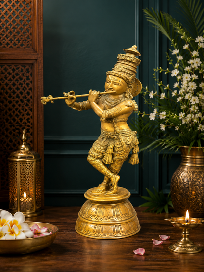 Brassaura® Standing Lord Krishna Playing Flute Idol | Pure Superfine Brass Handcrafted Murti | Copper Patina Finish Brass Statue for Home Temple, Pooja Room, Spiritual Décor & Luxury Gifting | Height 23 Inches | Weight 9.1 Kg